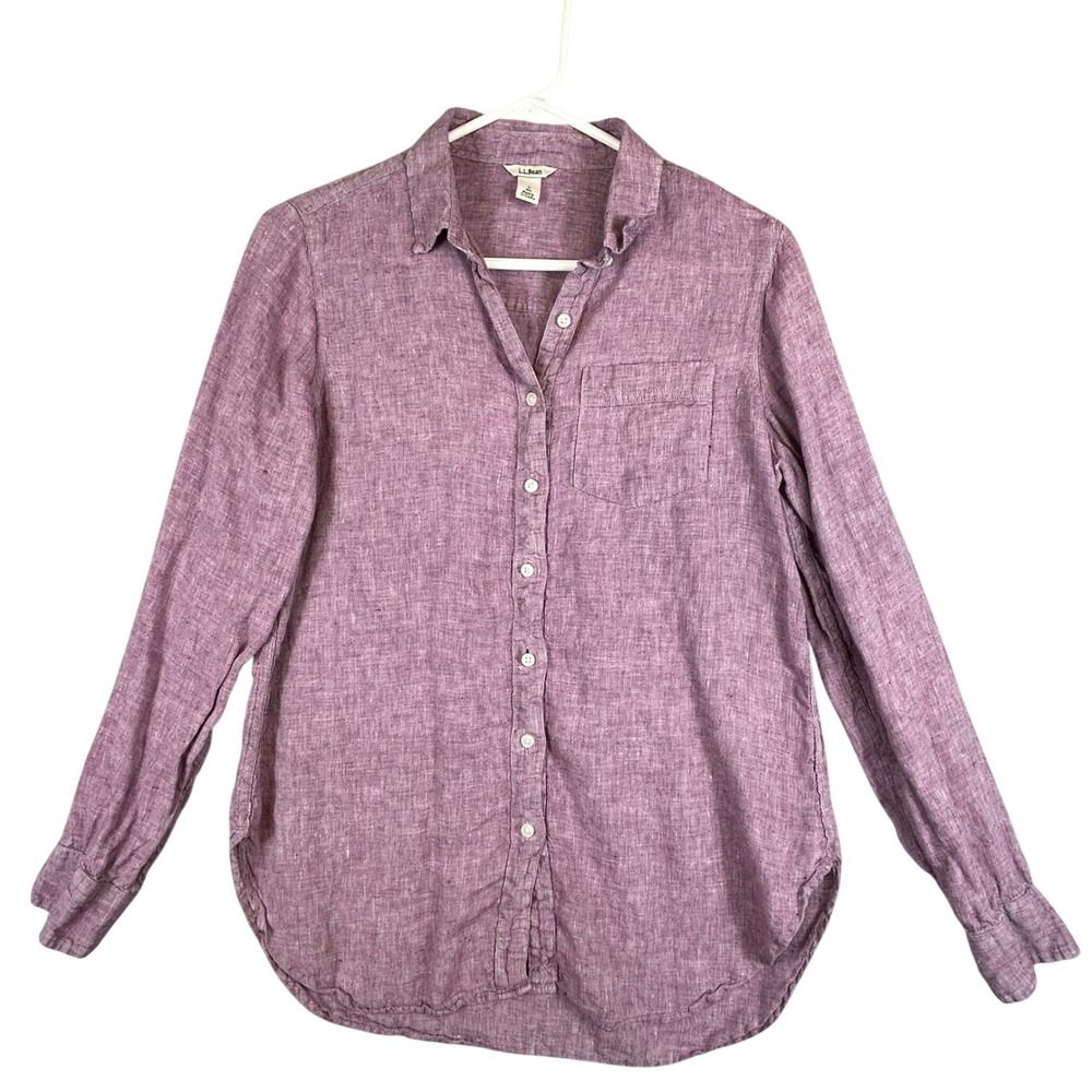 LL Bean Womens 100% Linen Button Down Shirt Purple Long Sleeve Small 299906